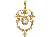 Edwardian 9ct Gold, Aquamarine & Natural Split Pearls Pendant