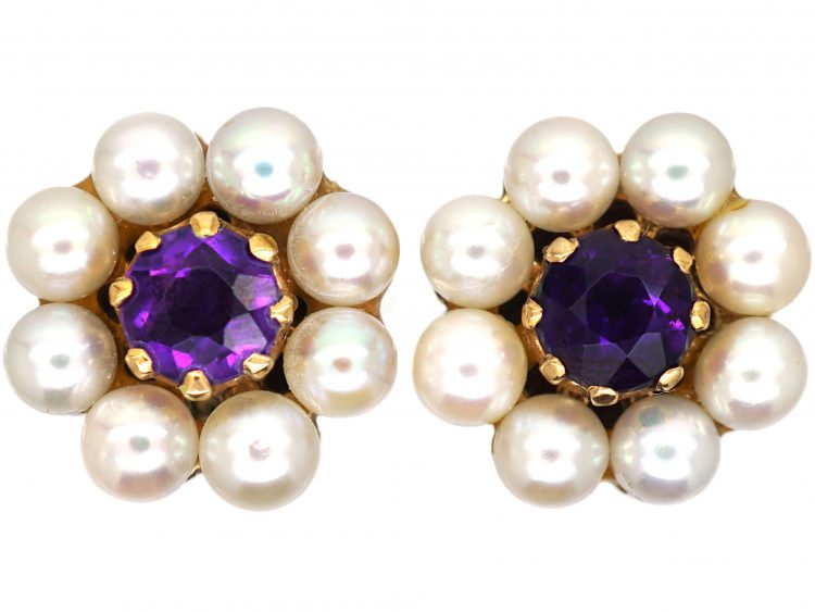 9ct Gold, Pearl & Amethyst Cluster Earrings