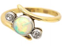 Edwardian 18ct gold & Platinum, Opal & Diamond Three Stone Crossover Ring