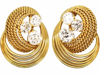 1950's 18ct Gold Clip On Coil Design Earrings set with Three Diamonds