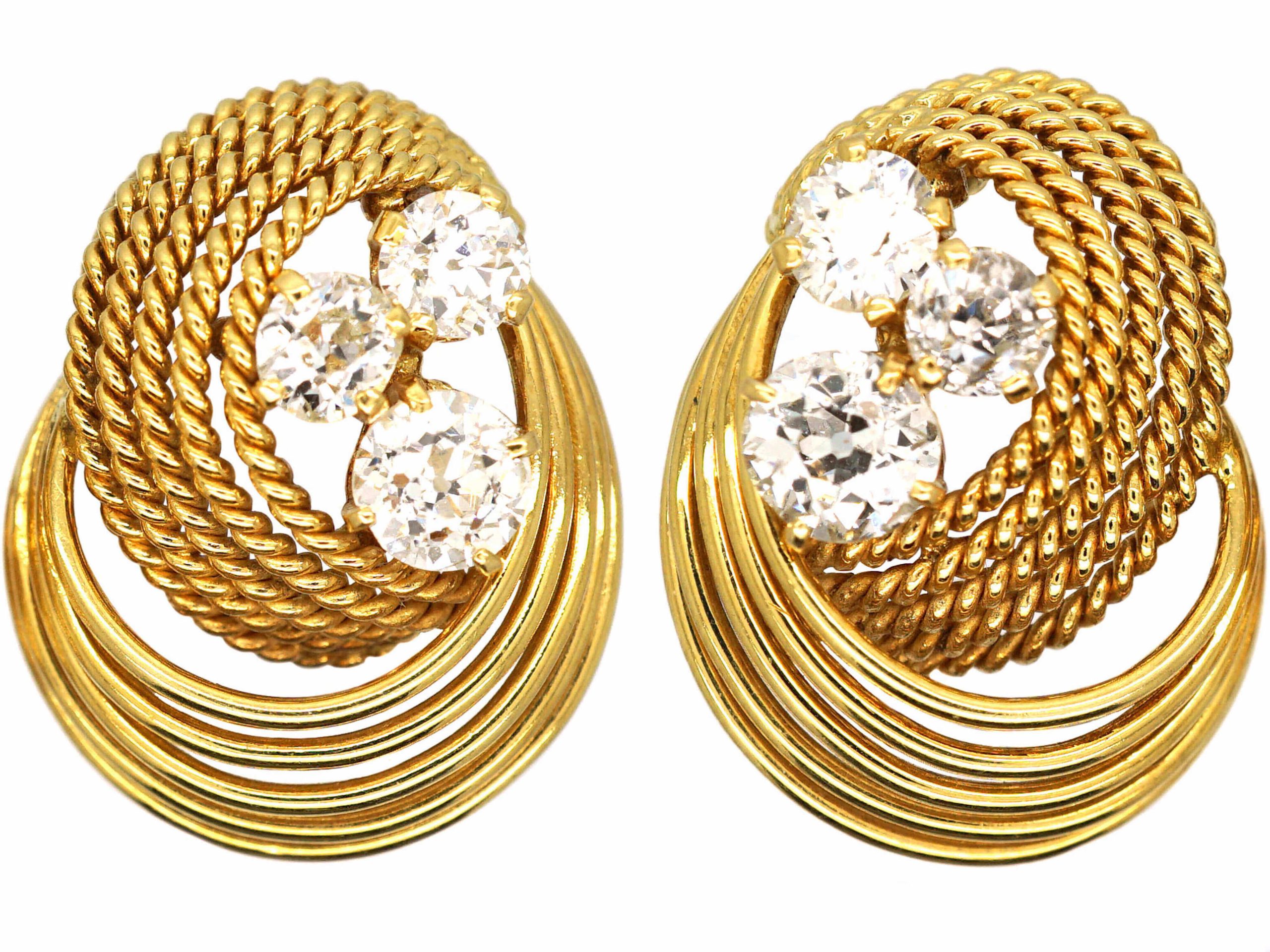 1950's 18ct Gold Clip On Coil Design Earrings set with Three Diamonds ...