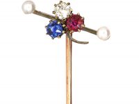 Edwardian Three Leaf Clover Sapphire, Diamond & Ruby Tie Pin with a Natural Pearl at Either End