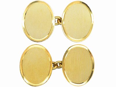18ct Gold Oval Shaped Cufflinks with Engine Turned Decoration by Cropp & Farr