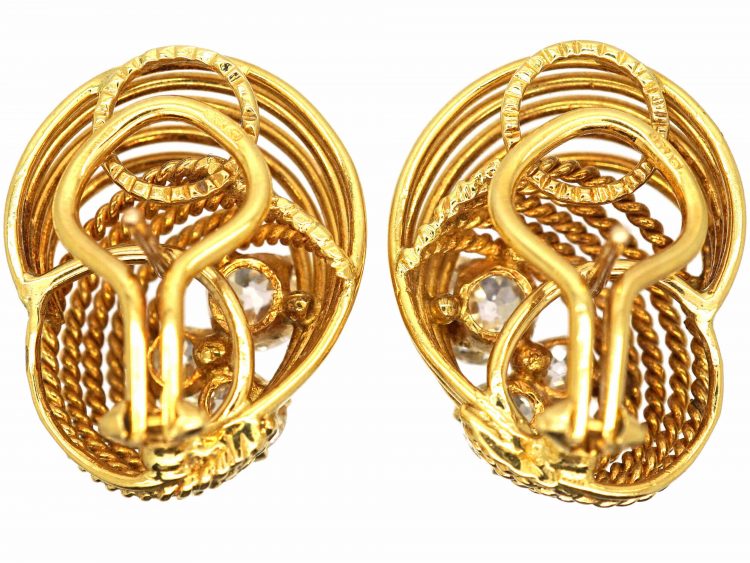 1950's 18ct Gold Clip On Coil Design Earrings set with Three Diamonds