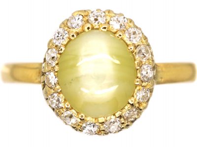 Edwardian 18ct Gold Cats-Eye Chrysoberyl & Diamond Cluster Ring