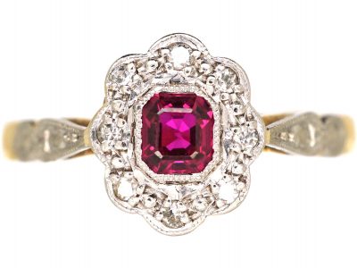Art Deco 18ct Gold & Platinum, Ruby & Diamond  Cluster Ring with Platinum Shoulders