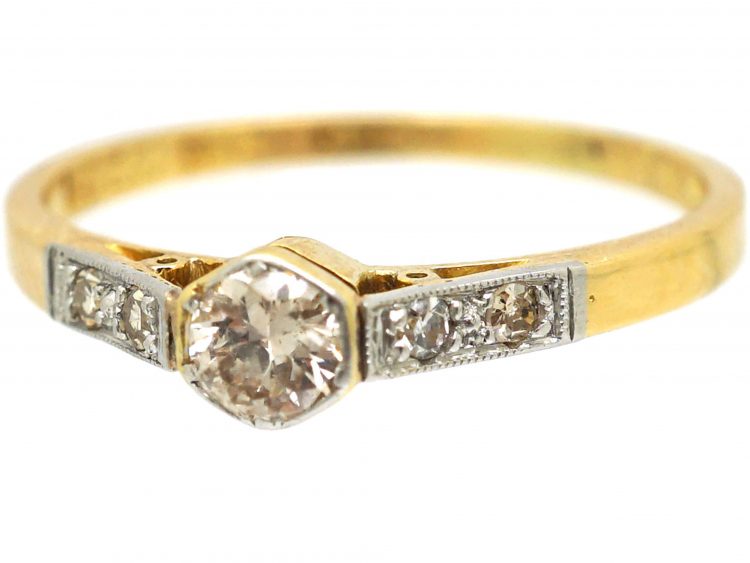 Art Deco 18ct Gold & Platinum Diamond Solitaire Ring with Diamond Set Shoulders