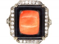 Art Deco 18ct White Gold Coral, Onyx and Diamond Ring
