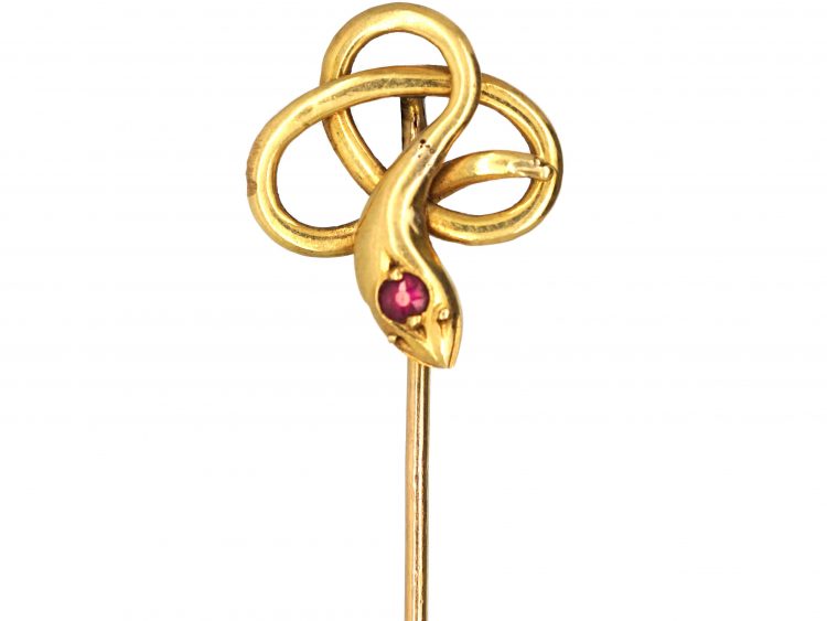 Edwardian 15ct Gold Snake Tie Pin set with a Ruby
