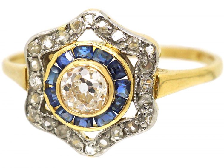 Art Deco 18ct Gold and Platinum, Sapphire and Diamond Target Ring