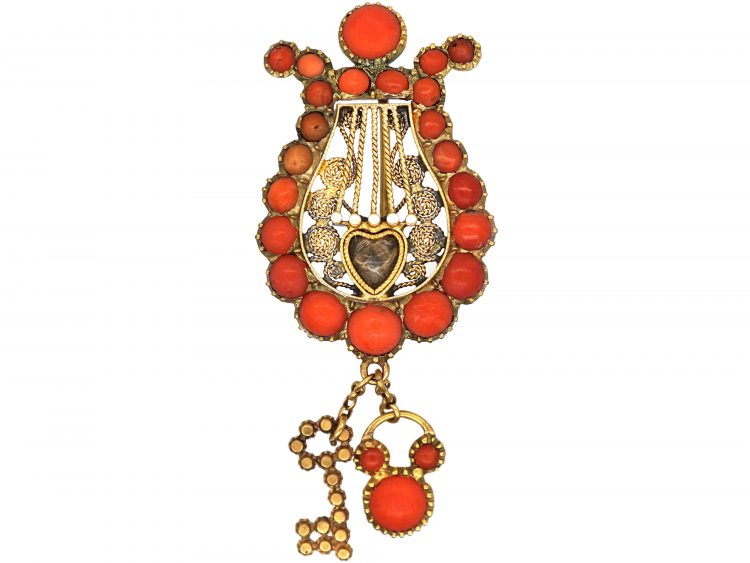 Georgian 9ct Gold & Coral Lyre Brooch with Lock & Key