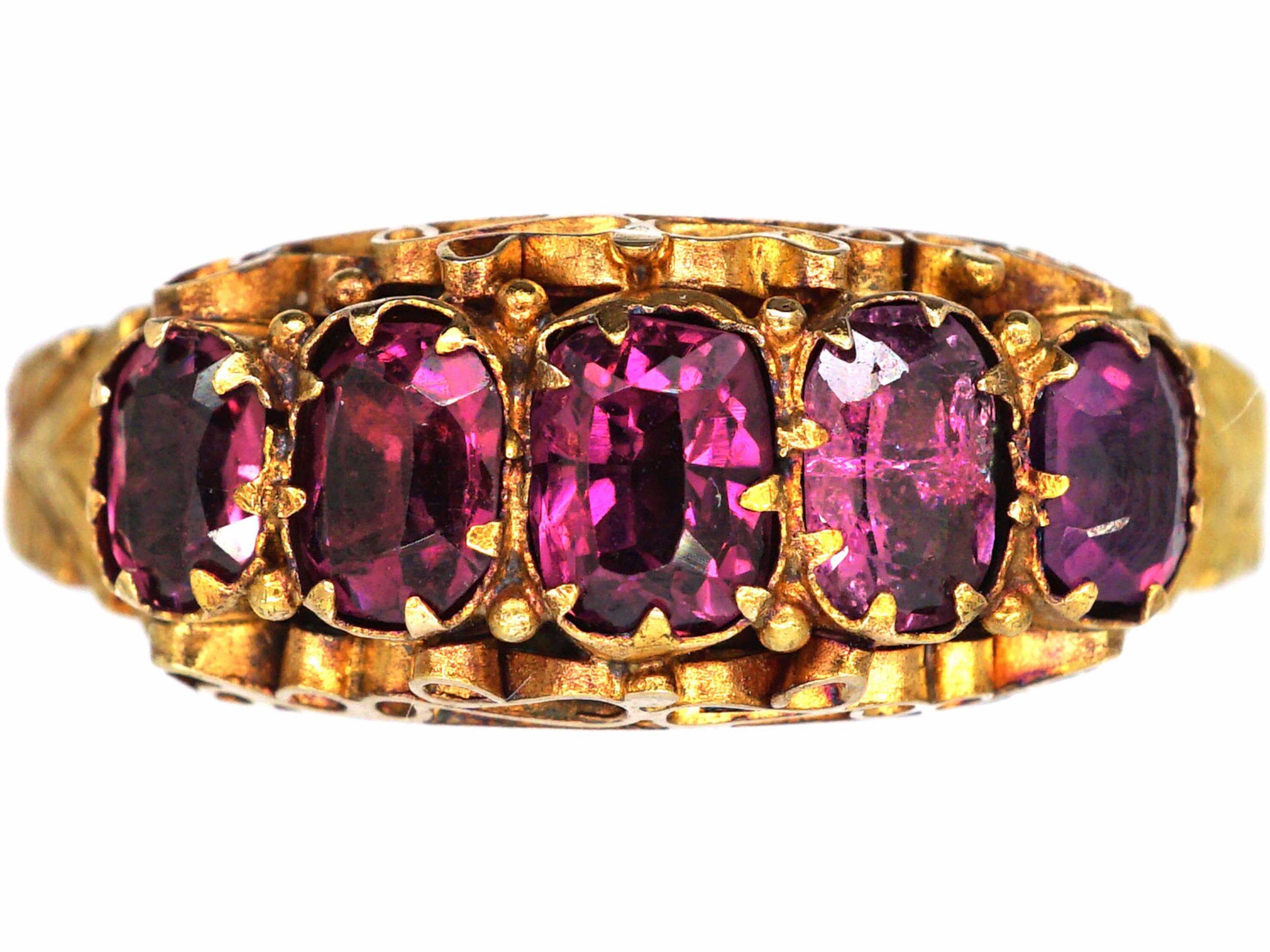 Victorian 15ct Gold, Five Stone Almandine Garnet Ring with Engraved Shank  (188S)