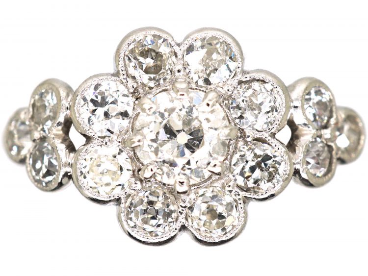 Edwardian 18ct White Gold, Diamond Daisy Cluster Ring with Triple Diamond Set Shoulders