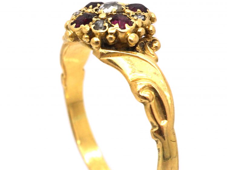 Regency 18ct Gold, Ruby & Diamond Cluster Ring with Leaf Shoulders