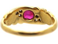 Edwardian 18ct Gold, Burma Ruby and Diamond Scroll Ring