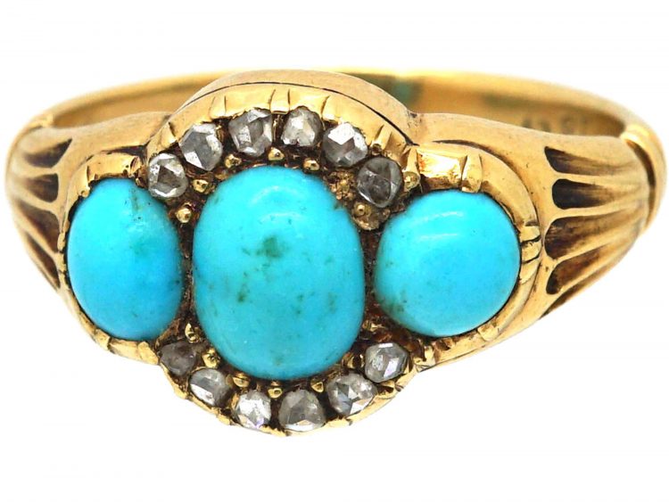 Victorian 18ct Gold, Three Stone Turquoise and Rose Diamond Ring