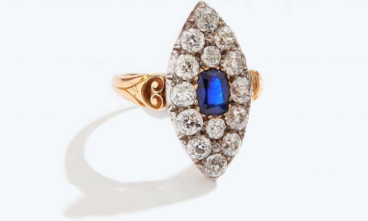 Victorian 18ct Gold, Large Sapphire and Diamond Marquise Shaped Ring