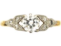 Art Deco 18ct Gold and Platinum, Diamond Solitaire Ring with Diamond Set Leaf Shoulders