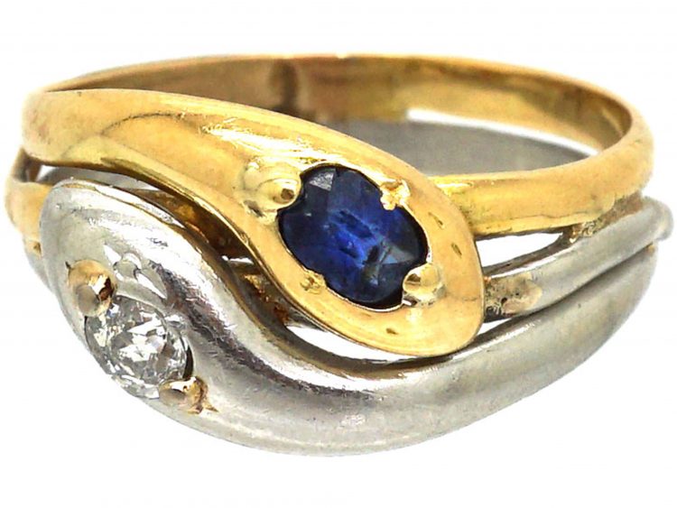 Art Deco 18ct Gold and Platinum Double Snake Ring set with a Sapphire and Diamond
