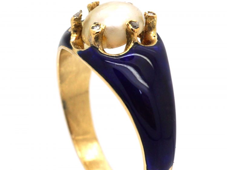 Victorian 18ct Gold, Blue Enamel, Rose Diamond & Natural Pearl Ring