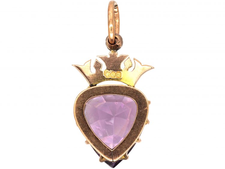 Edwardian 9ct Gold & Amethyst Heart Shaped Pendant with Crown