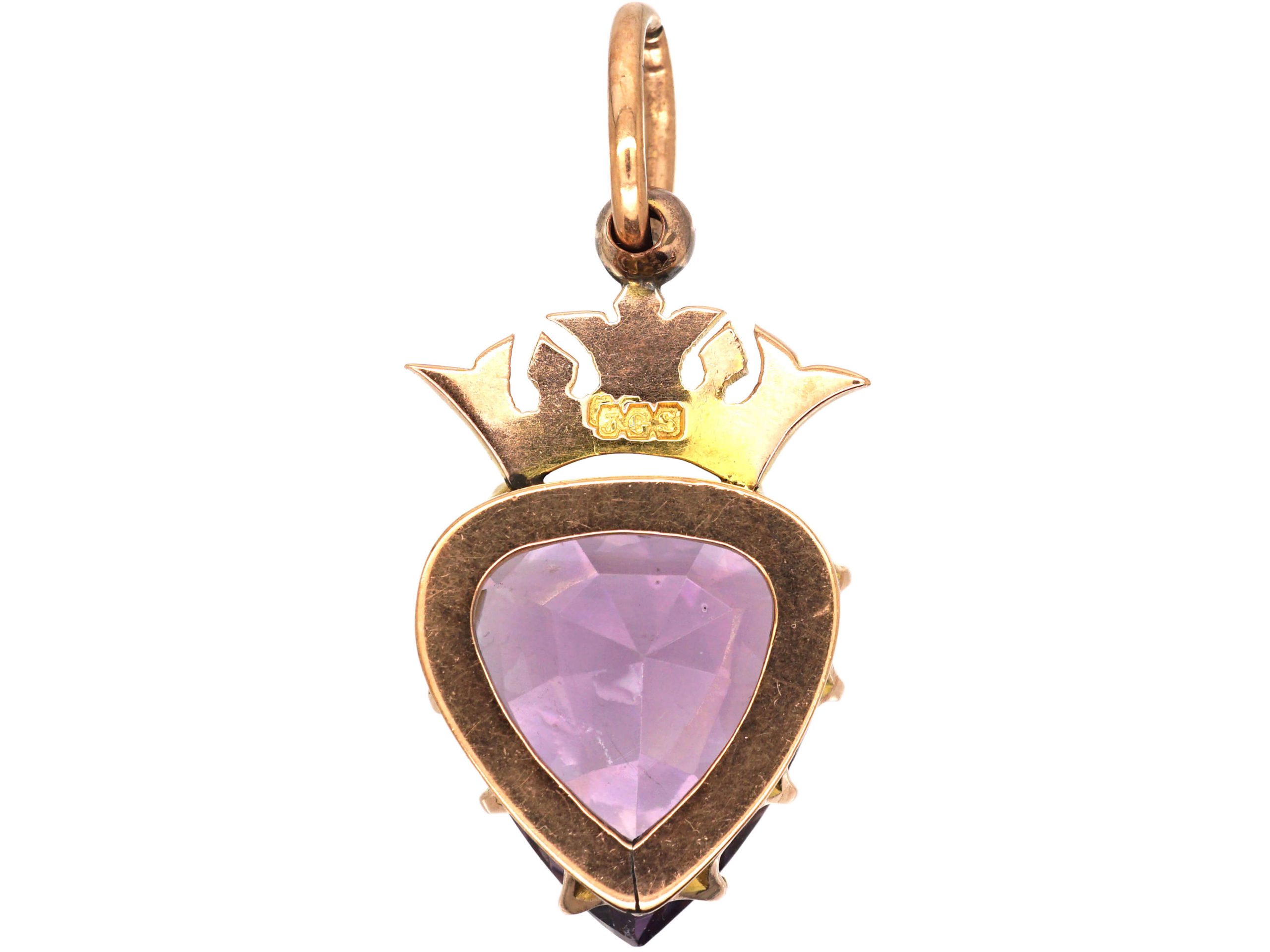 Edwardian 9ct Gold And Amethyst Heart Shaped Pendant With Crown 381s