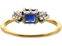 Art Deco 18ct Gold, Square Cut Sapphire & Diamond Three Stone Ring
