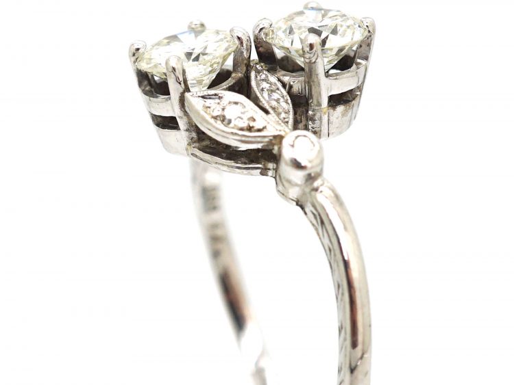 Art Deco Platinum, Two Stone Diamond Ring with Leaf Detail