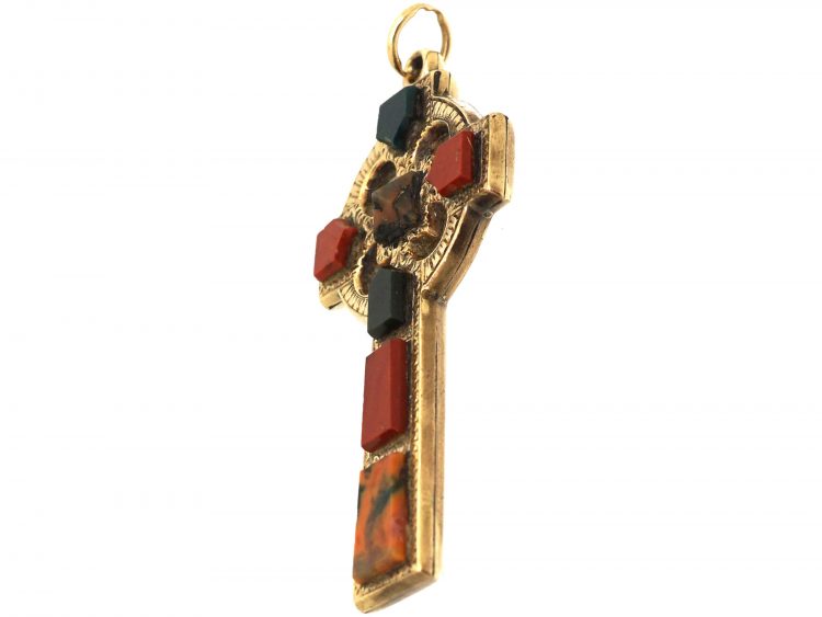 Victorian Gold Scottish Cross Pendant set with Bloodstone, Carnelian and Agate