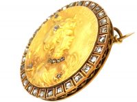 Art Nouveau 18ct Gold Brooch of a Lady set with Diamonds in Original Case