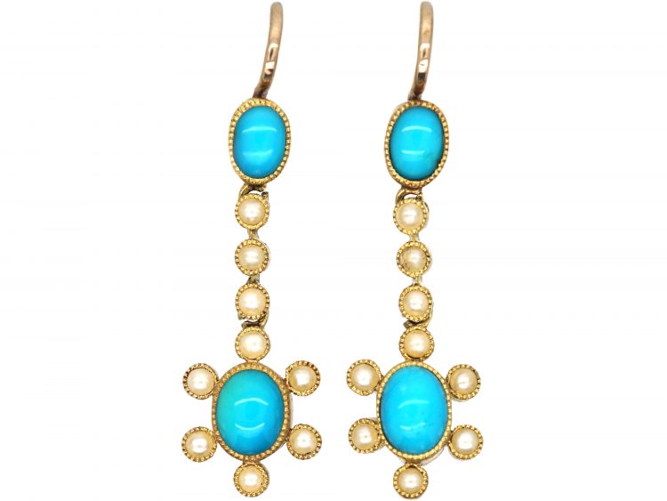 Edwardian 15ct Gold, Turquoise & Natural Split Pearl Drop Cluster Earrings