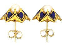 Victorian 18ct Gold, Royal Blue Enamel & Natural Pearl Stud Earrings