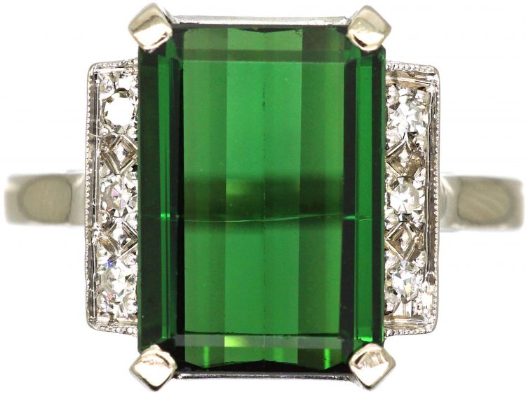Art Deco 18ct White Gold, Green Tourmaline & Diamond Ring