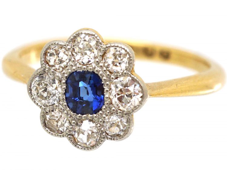 Edwardian 18ct Gold and Platinum, Diamond and Sapphire Cluster Ring