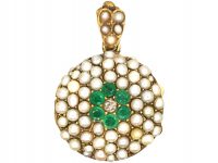 Edwardian 15ct Gold Double Sided Round Locket set with Pearls, Emeralds & Diamonds