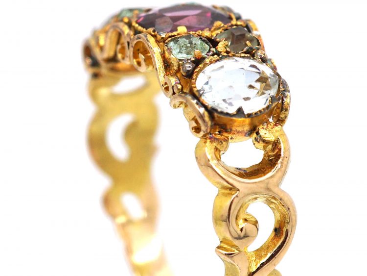 Regency 15ct Gold, Garnet, Green Beryl, Aquamarine and Paste Ring