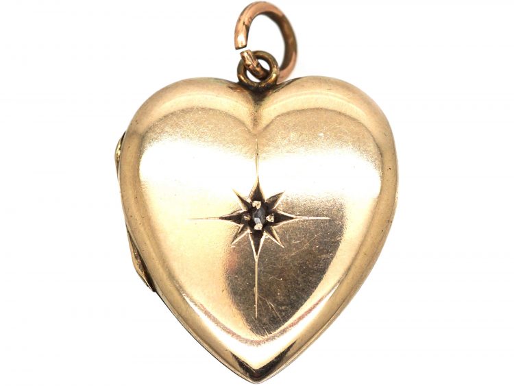 Edwardian 9ct Gold Back & Front Heart Shaped Locket set with a Diamond