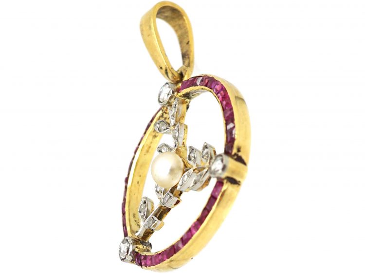 French Art Deco 18ct Gold and Platinum, Ruby, Natural Pearl and Rose Diamond Round Pendant with Floral Detail