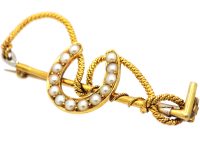 Edwardian 18ct Gold & Platinum, Riding Crop & Horseshoe Brooch set with Natural Split Pearls