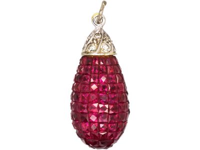 Art Deco Platinum, Invisible Set French Cut Ruby & Diamond Pear Shaped Pendant