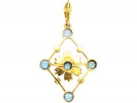 Edwardian 15ct Gold Aquamarine & Natural Split Pearl diamond Shaped Pendant