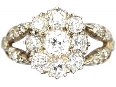 Georgian Diamond Cluster Ring with Split Diamond Set Shoulders