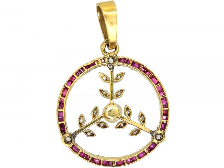 French Art Deco 18ct Gold and Platinum, Ruby, Natural Pearl and Rose Diamond Round Pendant with Floral Detail