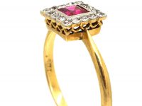 Art Deco 18ct Gold & Platinum, Ruby & Diamond Square Ring