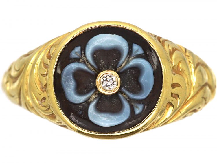 Early Victorian 18ct Gold Mourning Ring with Banded Sardonyx of a Flower