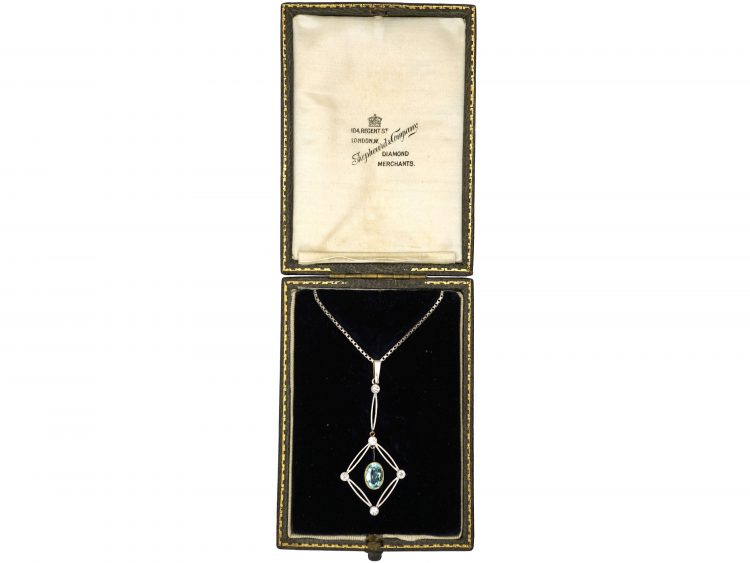 Art Deco 15ct Gold & Platinum Aquamarine & Diamond Drop Pendant on Chain in Original Case