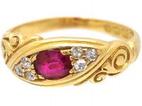 Edwardian 18ct Gold, Burma Ruby and Diamond Scroll Ring