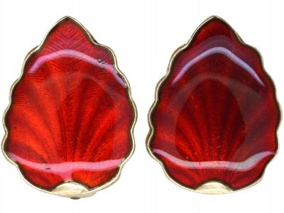 Silver & Red Enamel Clip On Leaf Earrings by Finn Jensen