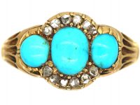 Victorian 18ct Gold, Three Stone Turquoise and Rose Diamond Ring
