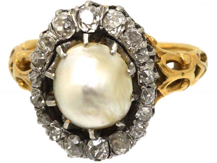 Edwardian 18ct Gold, Natural Pearl & Old Mine Cut Diamond Cluster Ring